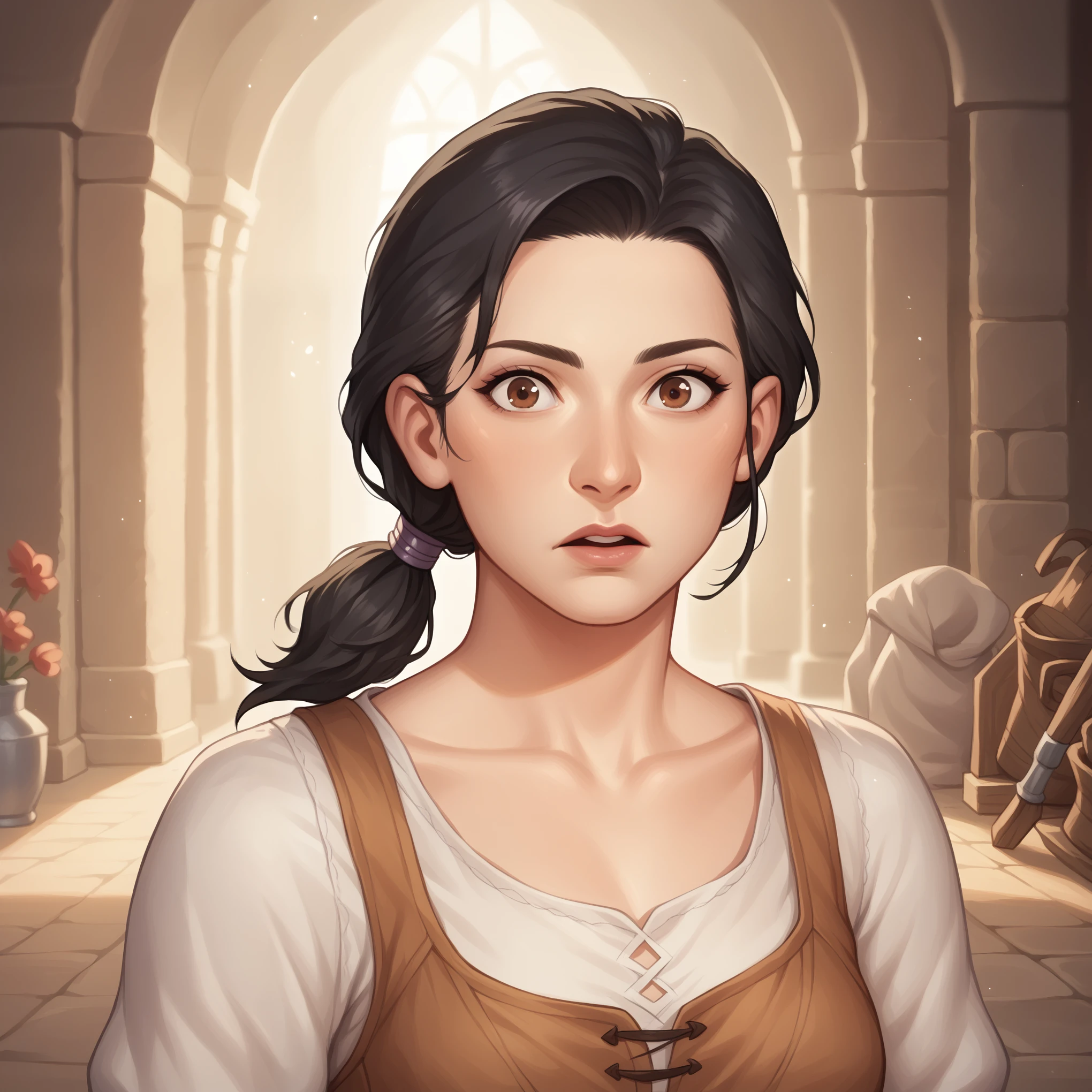 (((high quality, comics style, detailed face))), score_9, score_8_up, score_7_up, BREAK, portrait, solo, 1girl, ((30yo woman, Maria Zhang)), collarbone, brown eyes, black hair, short hair, low ponytail, surprised, wearing medieval peasant clothes, medieval town background, blurred background, Expressiveh, detailxl