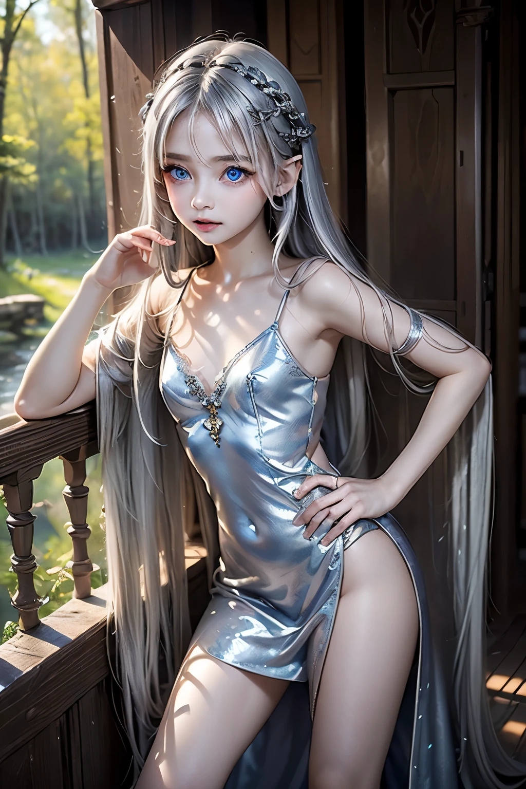 masterpiece,Best Quality,Very detailed,beautiful girl, teenager,High Fantasy,Fantasy long dress,Jewelry Accessories,Forest and Ruins,Small breasts,Narrow waist,Straight silver hair,Braids,Perfect Blue Eyes,Very cute,Active pose