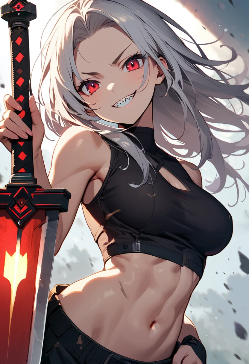 Anime girl wearing sleeveless clothes her middle chest is visible and she is wearing gloves and she is wearing a short skirt, he works as an assassin and he is holding 2 knives, her face is angry with a smile and she is . She is white skinned, long hair and she is very beautiful. His face looked angry while smiling widely
