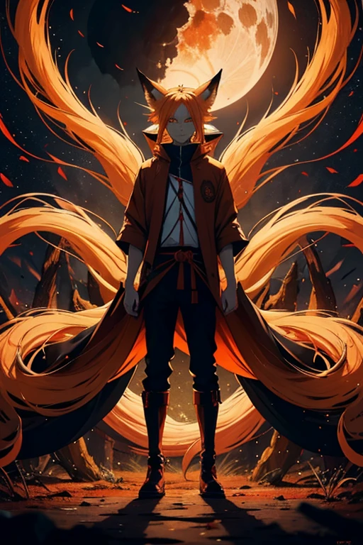 A person standing in front the Nine tails fox, Nine tallils fox color is orange, the Nine tail fox eyes are red, sharping teeths, absurdres high res, ultrasharp, 9k, masterpiece, 