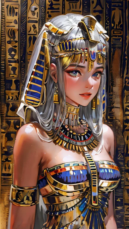 (High resolution, Best Quality, masterpiece, 8k), Ancient Egypt, Cleopatra style girl, Silver blonde middle, Pharaoh&#39;s clothing, Slight emphasis on the chest and cleavage, Face Real, sexy, face,  笑face,  Large Breasts, Ancient Egypt風の宮殿内, Luxurious throne, Lavish decoration, 