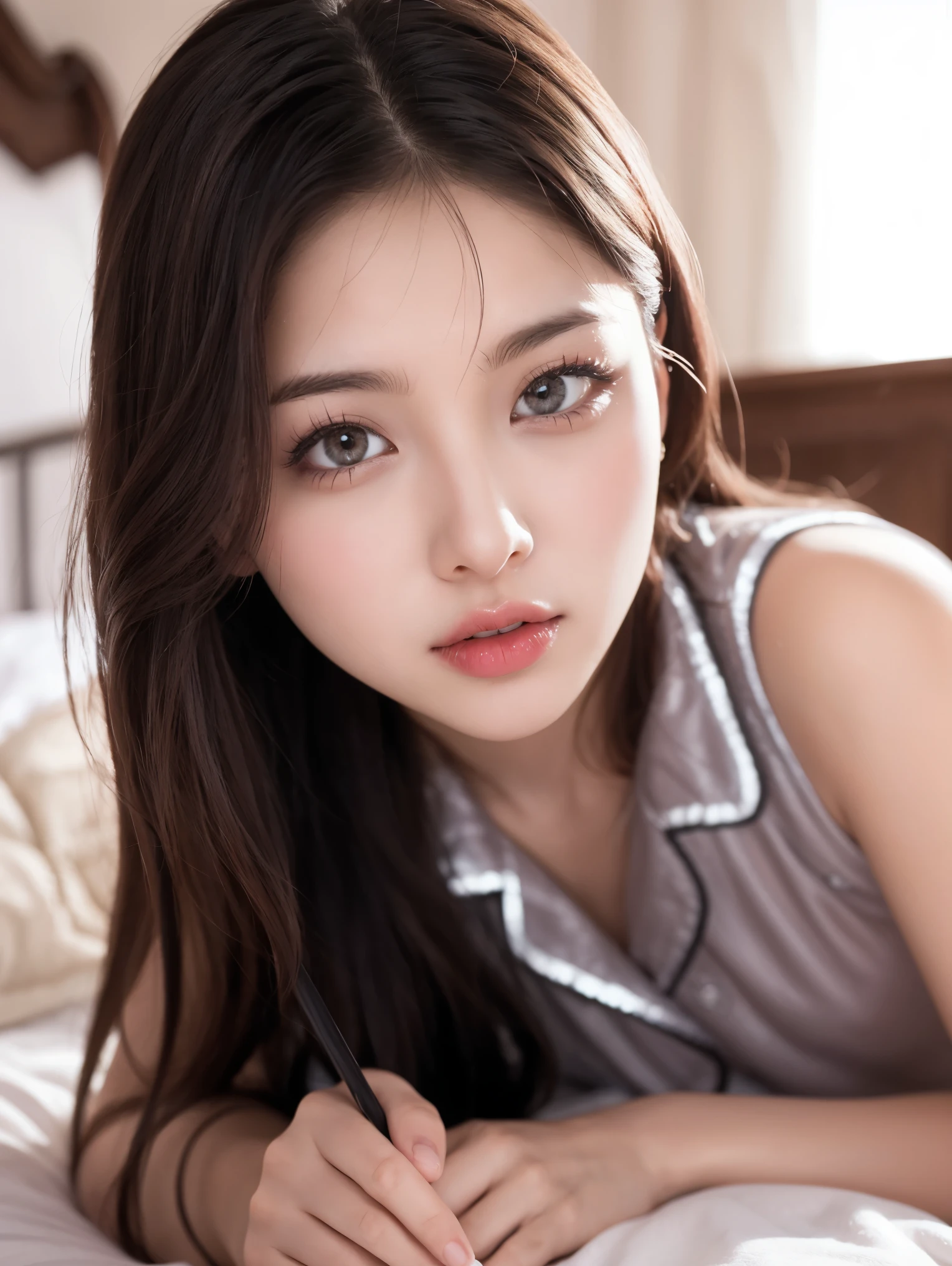 upper body, masterpiece, best quality, raw photo, photorealistic, big, face light, shiny skin, high resolution, super detail, detail, detailed eyes and face, sharp pupils, realistic pupils, sharp focus, shiny skin, yawning in bed, brown hair, sporty clothes, medium hair, open mouth, yawn, hairpin, piercing
