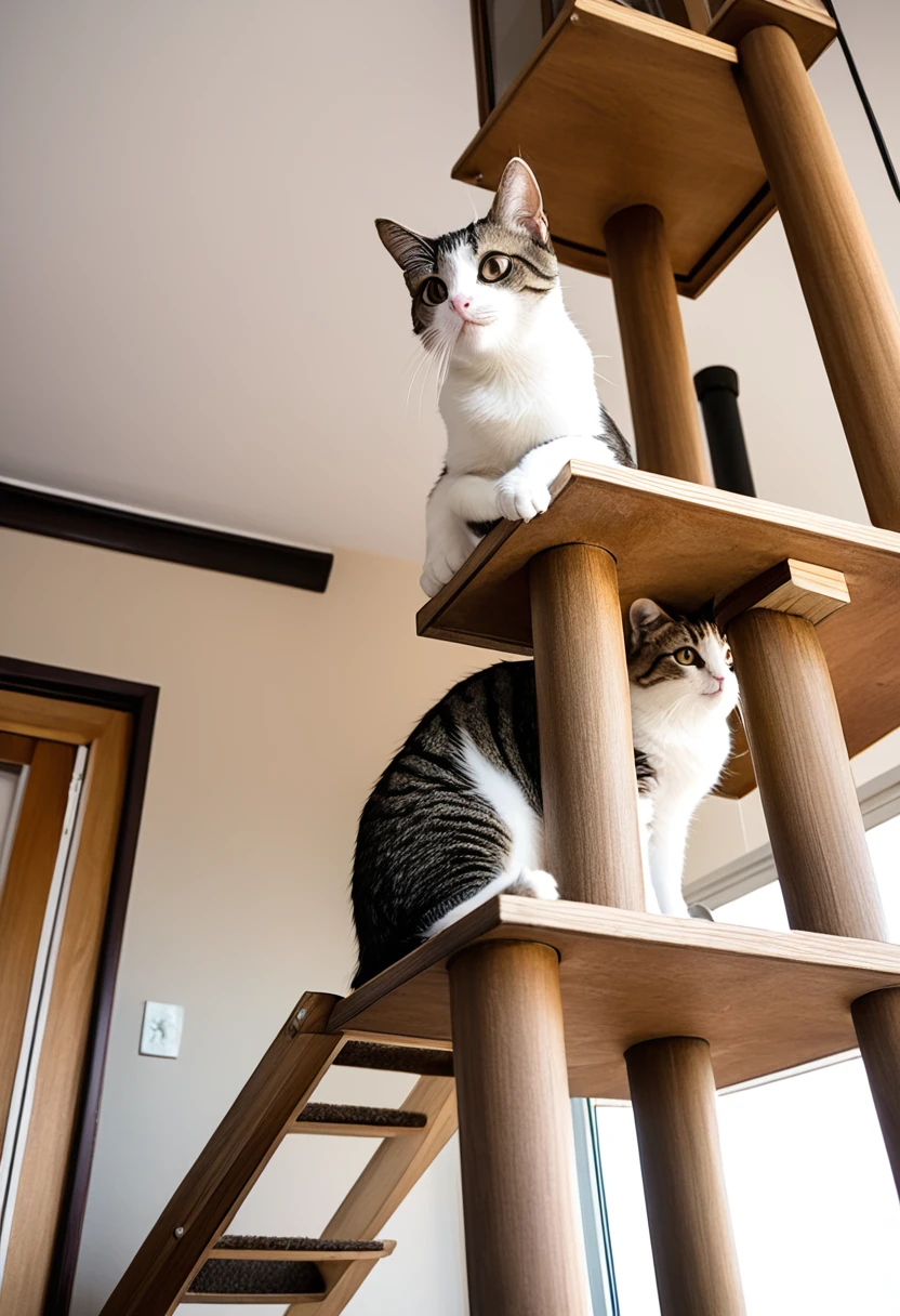 A cat looking down from the top of a cat tower,living room,View your viewers,from below