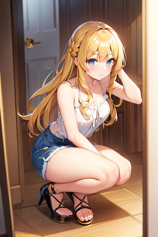 1girl, akizuki airi, blue eyes, blonde_hair, twintails, very_long_hair, she is wearing it in her hair_ornament red, hair_scrunchie red, medium_breasts, wearing a white tank top, some blue jean shorts, with a red belt, She is wearing thigh high stockings, full body, she is standing in the room, ranking: explicit