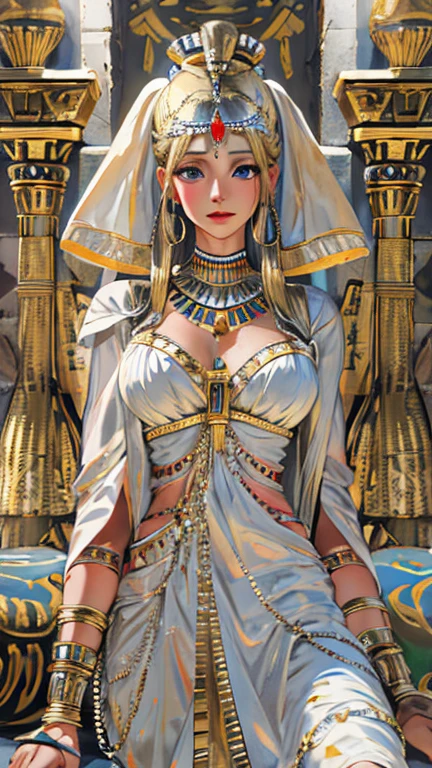 (High resolution, Best Quality, masterpiece, 8k), Ancient Egypt, Cleopatra style girl, Silver blonde middle, Pharaoh&#39;s clothing, Slight emphasis on the chest and cleavage, Face Real, sexy, face,  笑face,  Large Breasts, Ancient Egypt風の宮殿内, Luxurious throne, Lavish decoration, 