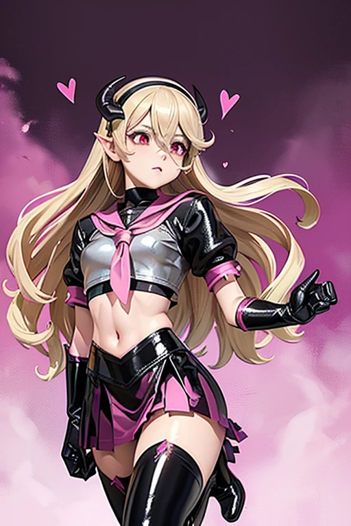 pink skirt, demon wings, thighhigh boots with high heels, pink wings, latex bodysuit, pink leather and latex, sexy evil demon, female corrin with wings, pink and latex sailor school uniform, wild, evil, villain, bad girl, fantasy background, slim body, only tight skimpy clothes, whore, slut, black, pink-skirt, elbow gloves, short sleeves, bat wings, blonde bitch, devil tail, devil wings, small girl, standing in a seductive way, full latex leggings, midriff, full body, beautiful, sexy girl, scary castle, thief, heart symbol, pink eyes