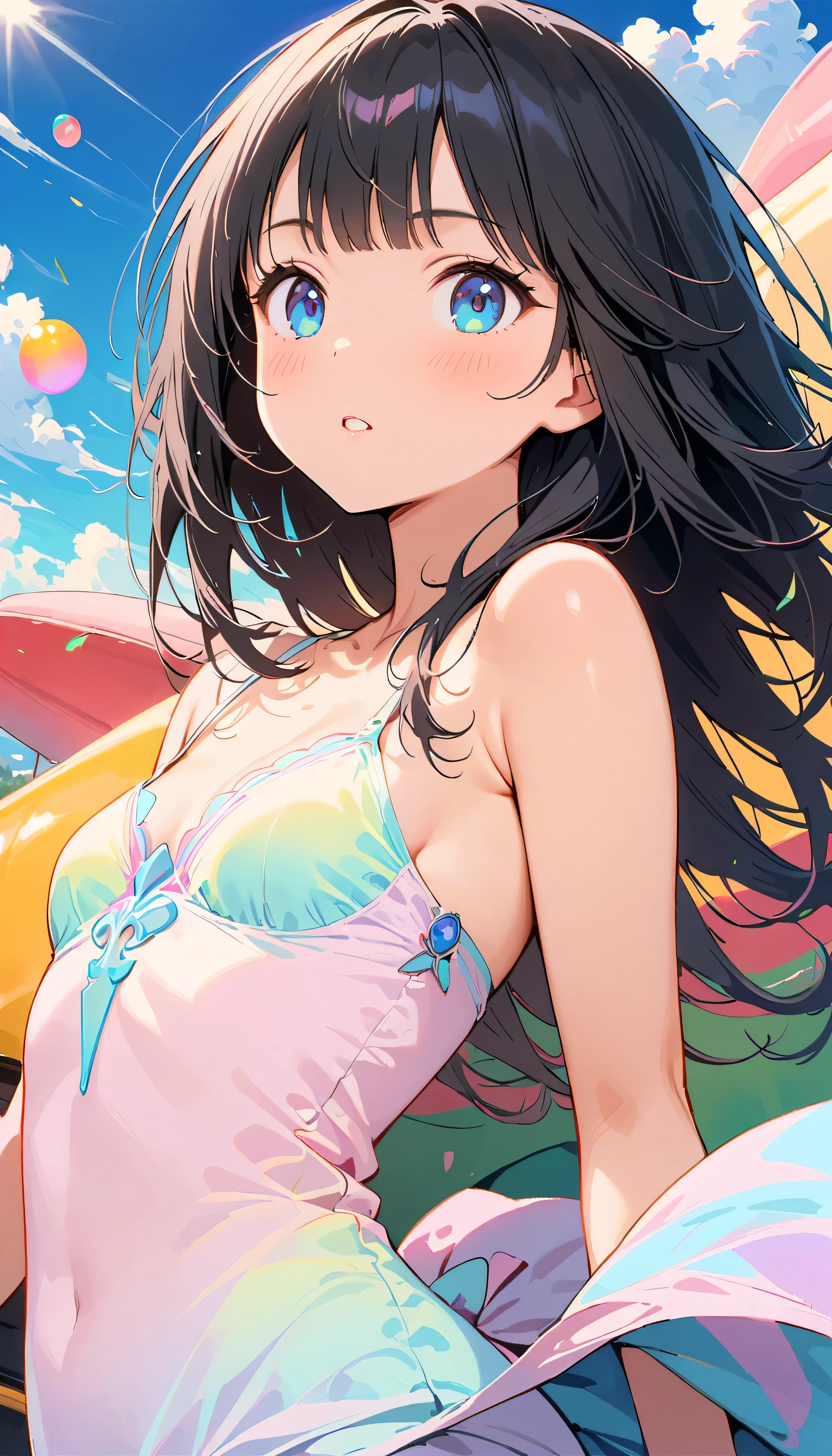 (ultra detailed,ultra high res,detailed background),((2D)),((flat color)),((colorful)),((floating colorful water)),1girl,solo,looking at viewer,BREAK, nude