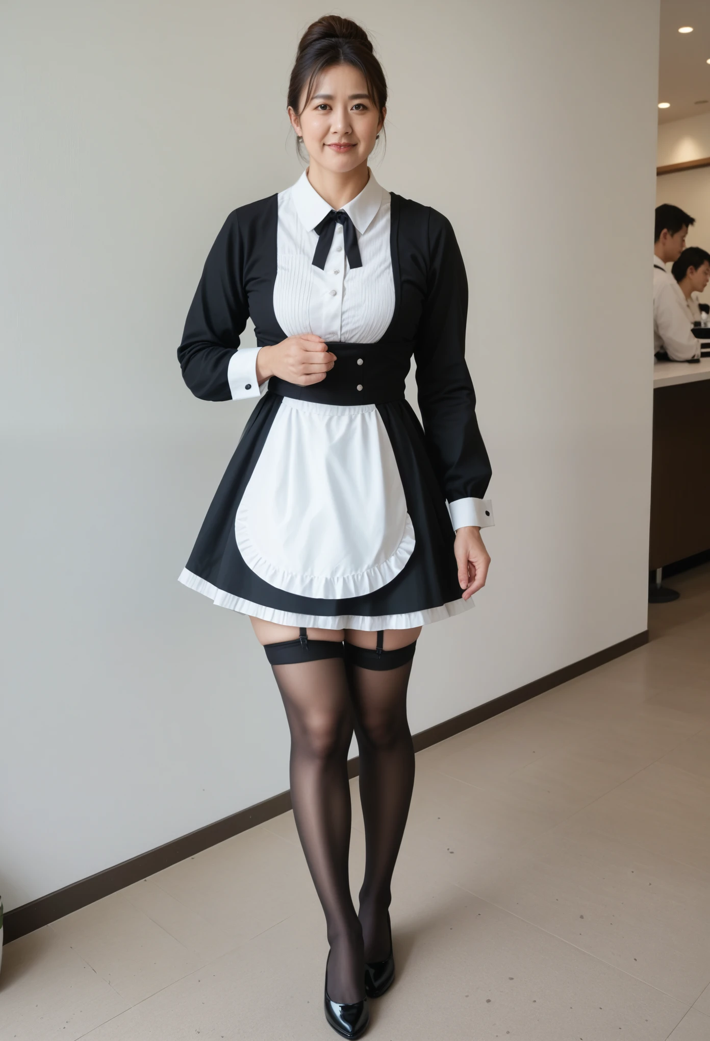 (Japanese, 4, Mature Woman, Japanese Mom), Alone, (White skin), Middle-aged body type, A small amount of fat in the lower abdomen, Muscular legs, Alone, (White skin, Oily skin), (Brown Hair, Decorated updo), Cowboy Shot, break,

(Wearing maid uniform, Black and white maid outfit, Micro mini skirt maid outfit), (スカートの下にRealisticな薄い黒のストッキング:1.3, Black garter belt under skirt:1.3), Black high heels, There is a tray, break, 

At the cafe, Cafe Staff, break, 

run-6500-v1.1, (RAW Photos:1.7), (Viewer attention required:1.3), (Realisticな、Realistic:1.37), (8k、RAW Photos、Best Quality、masterpiece:1.2)、 (Genuine:1.7), ((Ultra-high resolution,High-quality images)), Very detailed、Physically Based Rendering、Ultra-high resolution、Kodak Vision Color and ARRICAM LT Cameras、Bokeh Depth of Field、Sharp focus、(((Accurate anatomy:1.2)))、(masterpieceBest Quality:1.5), (Ultra-high definition 8K CG:1.4), (hyperRealistic:1.25), (PhotoRealistic:1.25), (Realistic:1.4), Complete limbs, Full Finger, (Shoot from a distance:1.4), Score_9, Score_8_Superior, Score_7_Superior,Realistic, Detailed face, Detailed skin, Realistic background, ((Ultra-dense skin)), break, 
