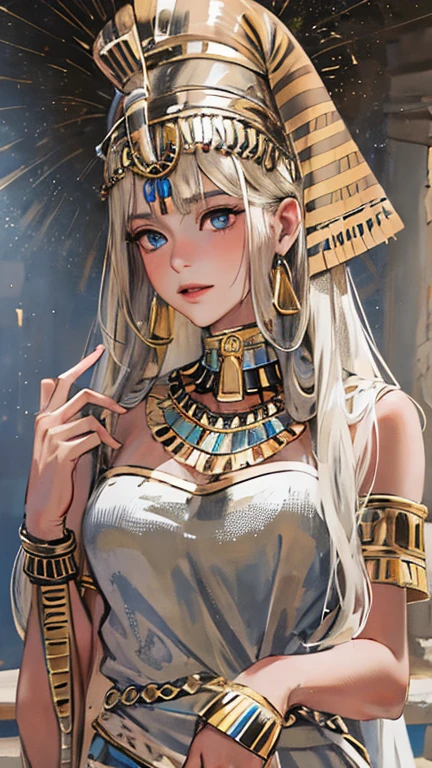 (High resolution, Best Quality, masterpiece, 8k), Ancient Egypt, Cleopatra style girl, Silver blonde middle, Pharaoh&#39;s clothing, Slight emphasis on the chest and cleavage, Face Real, sexy, face,  笑face,  Large Breasts, Ancient Egypt風の宮殿内, Luxurious throne, Lavish decoration, 