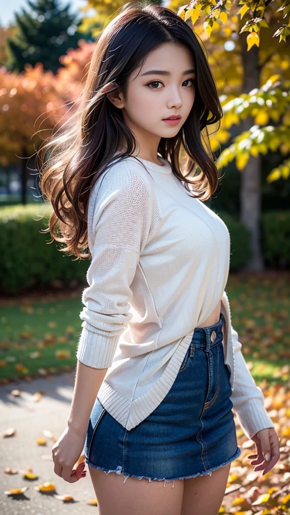 ((Best quality, 8K, Masterpiece:1.3, 1 girl, Beautiful girl)), Cute, Dynamism, Detailed face, Detailed skin, Detailed eyes, Detailed lips, Detailed fingers, Photorealistic, Raw photo, Natural lighting, dynamic pose, perfect anatomy, toned legs, round eyes, double eyelid, tear bags, moist lips, big breasts, yellow hair, ((white knit dress)), looking at viewer, detailed clothes, long dress, outdoor, trees, autumn leaves, sky, cloud, from below, (skirtlift, skirt tug), spreading legs, bangs, black panties, sweaty