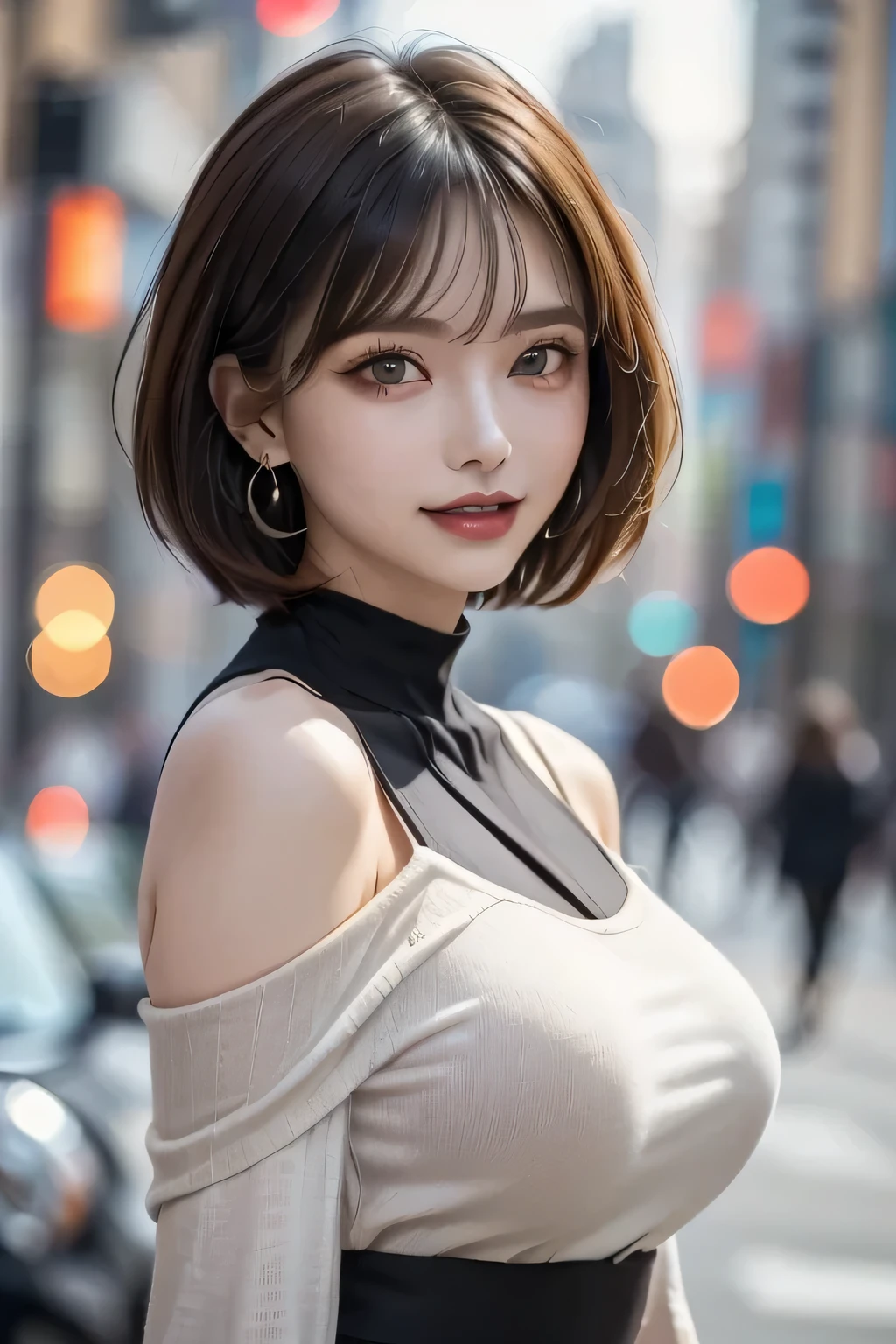 4K Ultra Sharp、Best Quality, masterpiece, Ultra-high resolution, (reality: 1.4),   girl, brown eyes, Off-the-shoulder sweater dress, Cinematic Lighting、Purple and black hair、(mine girl、Goth Makeup、My Makeup)、(Earrings、Big Breasts、An oversized black t-shirt with open shoulders、Dark mini skirt)、((Heavy makeup、Oilskin,Glittering Skin、Realistic skin texture、Detailed beautiful skin、Shiny skin)), Dark downtown at night、night、blue film photography、Kabukicho、Dark Cyberpunk、(Full Shot:1.8)、Thin legs、Thin arms、Narrow shoulders、Narrow waist、Slender body、Big Breasts、whole body、((超Big Breasts)),