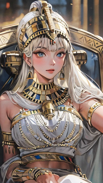 (High resolution, Best Quality, masterpiece, 8k), Ancient Egypt, Cleopatra style girl, Silver blonde middle, Pharaoh&#39;s clothing, Slight emphasis on the chest and cleavage, Face Real, sexy, face,  笑face,  Large Breasts, Ancient Egypt風の宮殿内, Luxurious throne, Lavish decoration, 