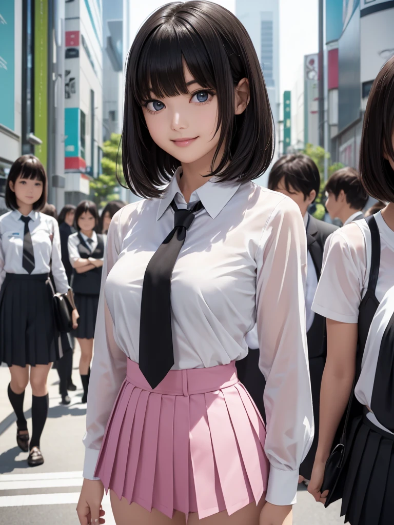 8k, Best Quality, The real picture, Intricate details, Very detailed, Ultra-high resolution, Depth Field, (Realistic,Realistic:1.2), Tabletop, (Full Body Shot), 1 girl, eye_Chan, so beautiful, innocent big eyes, Beautiful breasts:1.5, 非常に詳細なeye:1.2), (Beautiful breasts:1.1), ((Black Hair)), (Medium Bob Hair), (Asymmetrical bangs), Perfect Skin, Fair skin, Small breasts, Tight waist, Alone, Staring at the audience, (smile), ((School_Uniform), (White shirt, Wear a tie), (Dark pink pleated micro mini skirt), (Standing in the crowds of Tokyo)