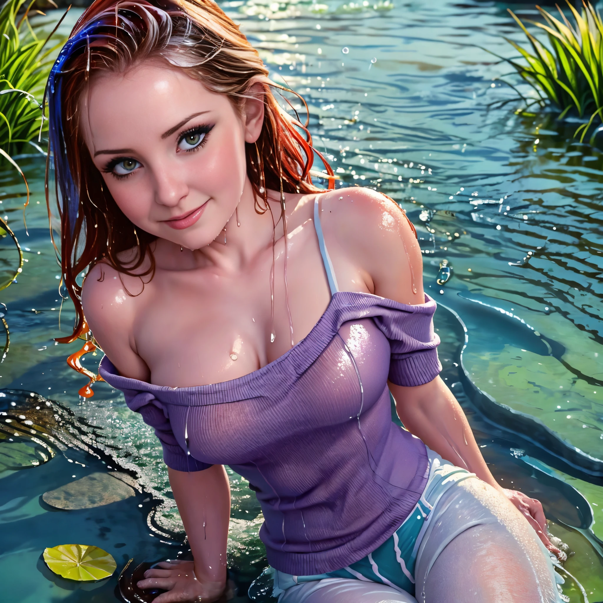 29 yo canadian woman standing in the water, layered clothing, (pullover), (off the shoulder), (cotton pants), bright clothes, glistening wet, closeup fantasy with water magic, beautiful maiden, curvy body, chilly, auburn hair, cold water pond, sunlight, smile, wearing clothes made of water, realistic oil painting, dripping wet, in water up to her shoulders, winter clothes, beautiful realistic photo, nymph in the water, hyperrealist portrait in a river, hyperrealistic fantasy photo, splashing, realistic fantasy painting, cute shot, narrow depth of field, 8k, ((drenched)), ((soaked)), ((dripping water)), ((goosebumps)), cool, muted tones, bare horizons, dripping oil, heavy clothes, soaked in oil, wet all over, wet dripping hair, varied poses, wet hair