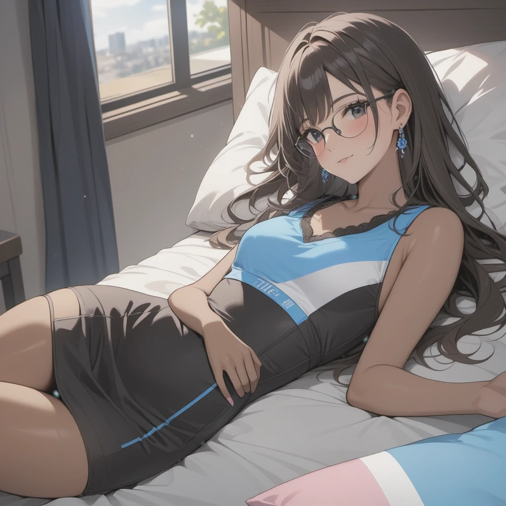 a woman with very short dress, sleeveless, clothes with trans flag colors((pink white and blue)), black eyes,(((brown skin))), long wavy black hair, wearing high heel sandals, lying on her back in bed, cute smile, face blushing, bedroom background, high quality, masterpiece, anatomically correct, detailed background, better quality, original work, focus on details, wife around, upper view, earrings, wind blowing through window, eye glasses, head resting on pillow,