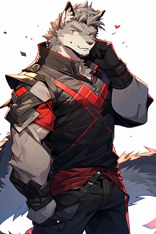 A Very Muscular, Furry style, Gray Wolf, Full long Armed Dark Green Soldier Suit Outfit, Full War type Soldier Outfit, looking at the viewer, white background, Simple background, little spikey hair, little messy hair, gray hair, blushes on his face, very long tail, gray eyes, Solo, Focused From Right Side, half-Open Mouth, Ear Blush, Excited, Hands are in pocket