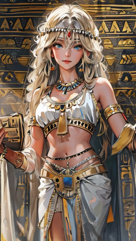 (High resolution, Best Quality, masterpiece, 8k), Ancient Egypt, Cleopatra style girl, Silver blonde middle, Pharaoh&#39;s clothing, Slight emphasis on the chest and cleavage, Face Real, sexy, face,  笑face,  Large Breasts, Ancient Egypt風の宮殿内, Luxurious throne, Lavish decoration, 