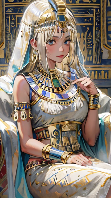 (High resolution, Best Quality, masterpiece, 8k), Ancient Egypt, Cleopatra style girl, Silver blonde middle, Pharaoh&#39;s clothing, Slight emphasis on the chest and cleavage, Face Real, sexy, face,  笑face,  Large Breasts, Ancient Egypt風の宮殿内, Luxurious throne, Lavish decoration, 