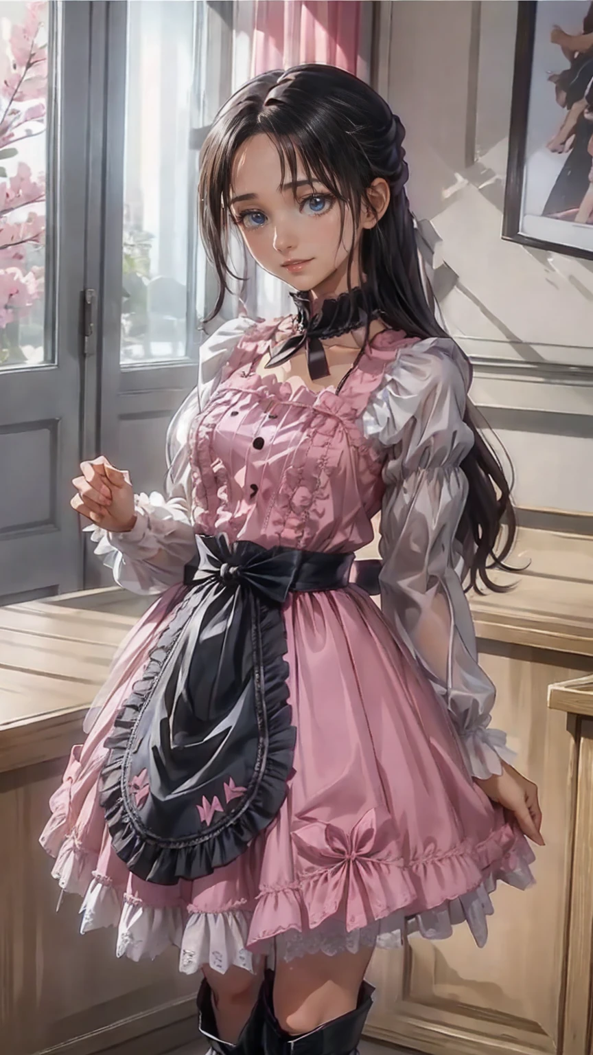 、beautiful girl、とてもcute天使、Pink Gothic Dress、cute、baby face、smile、Long skirt、Black Long Boots、