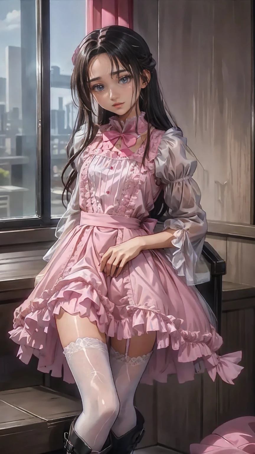 、beautiful girl、とてもcute天使、Pink Gothic Dress、cute、baby face、smile、Long skirt、Black Long Boots、