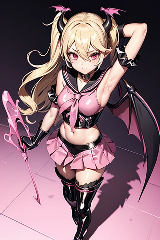 pink skirt, demon wings on back, thighhigh boots with high heels, pink wings, latex bodysuit, pink leather and latex, sexy evil demon, female corrin with wings, pink and latex sailor school uniform, wild, evil, villain, bad girl, fantasy background, slim body, only tight skimpy clothes, whore, slut, black, pink-skirt, elbow gloves, short sleeves, bat wings, blonde bitch, devil tail, devil wings, small girl, standing in a seductive way, full latex leggings, midriff, full body, beautiful, sexy girl, scary castle, thief, heart symbol, pink eyes