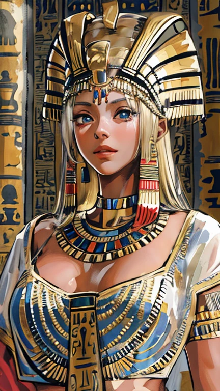 (High resolution, Best Quality, masterpiece, 8k), Ancient Egypt, Cleopatra style girl, Silver blonde middle, Pharaoh&#39;s clothing, Slight emphasis on the chest and cleavage, Face Real, sexy, face,  笑face,  Large Breasts, Ancient Egypt風の宮殿内, Luxurious throne, Lavish decoration, 