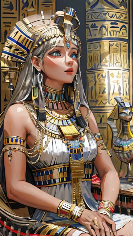 (High resolution, Best Quality, masterpiece, 8k), Ancient Egypt, Cleopatra style girl, Silver blonde middle, Pharaoh&#39;s clothing, Slight emphasis on the chest and cleavage, Face Real, sexy, face,  笑face,  Large Breasts, Ancient Egypt風の宮殿内, Luxurious throne, Lavish decoration, 