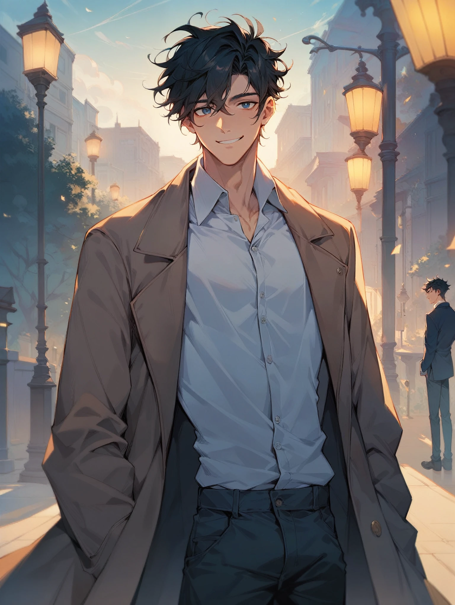 (((score_9, score_8_up, score_7_up))), source_anime, best quality, amazing quality, best aesthetic, absurdres, 1boy, ((Messy Haircut)), male focus, skinny, black hair, handsome detailed face, long coat, open coat, collared shirt, pants, flirt, sexy smile, night park, streetlights, 