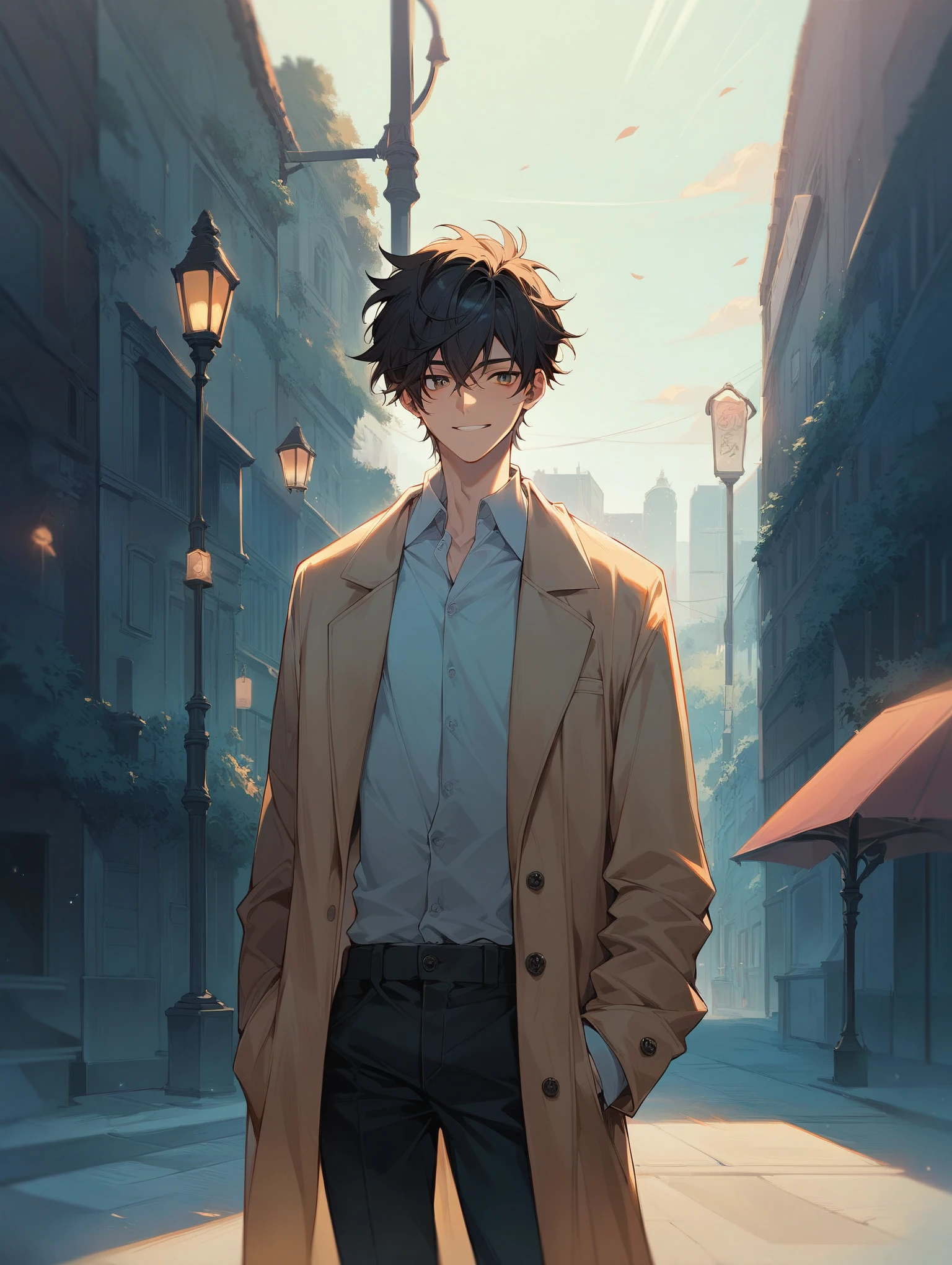 (((score_9, score_8_up, score_7_up))), source_anime, best quality, amazing quality, best aesthetic, absurdres, 1boy, ((Messy Haircut)), male focus, skinny, black hair, handsome detailed face, long coat, open coat, collared shirt, pants, flirt, sexy smile, night park, streetlights, 