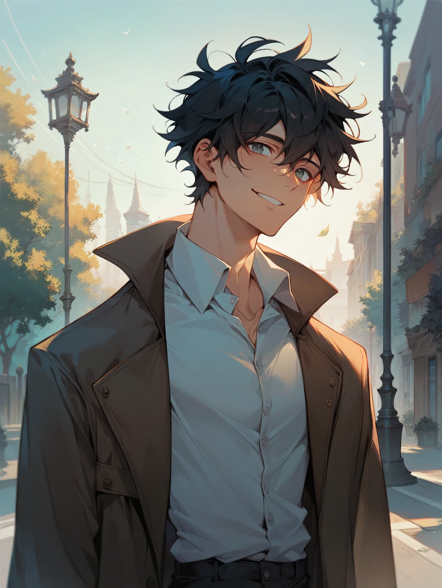 (((score_9, score_8_up, score_7_up))), source_anime, best quality, amazing quality, best aesthetic, absurdres, 1boy, ((Messy Haircut)), male focus, skinny, black hair, handsome detailed face, long coat, open coat, collared shirt, pants, flirt, sexy smile, night park, streetlights, 