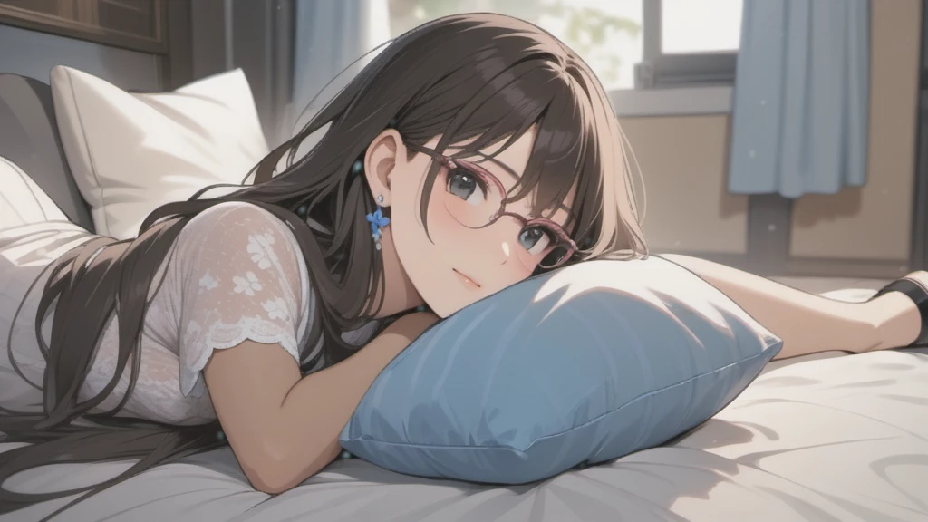 a woman with very short dress, sleeveless, clothes with trans flag colors((pink white and blue)), black eyes,(((brown skin))), long wavy black hair, wearing high heel sandals, lying on her back in bed, cute smile, face blushing, bedroom background, high quality, masterpiece, anatomically correct, detailed background, better quality, original work, focus on details, wife around, upper view, earrings, wind blowing through window, eye glasses, head resting on pillow,