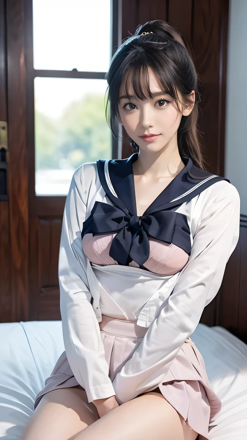 there is a woman in a uniform posing in a room, a japanese girl, a hyperrealistic schoolgirl, a hyperrealistic schoolgirl, dressed as schoolgirl, Cute Schoolgirl, Realistic Young Gravure Idol, sakimichan, Realistic Schoolgirl, School Girl, Young Sensual Gravure Idol, wearing japanese school uniform, wearing white outfit, Gorgeous young Japan woman