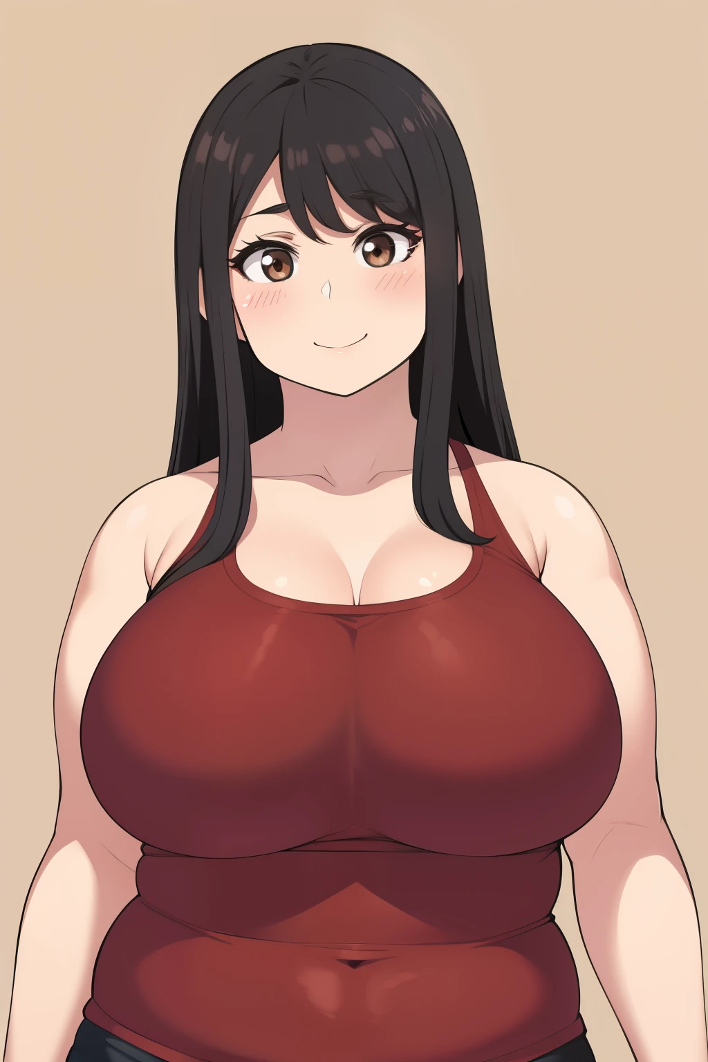 Chubby 2 big boobs black hair brown eyes happy long messy hair smile blushing deredere