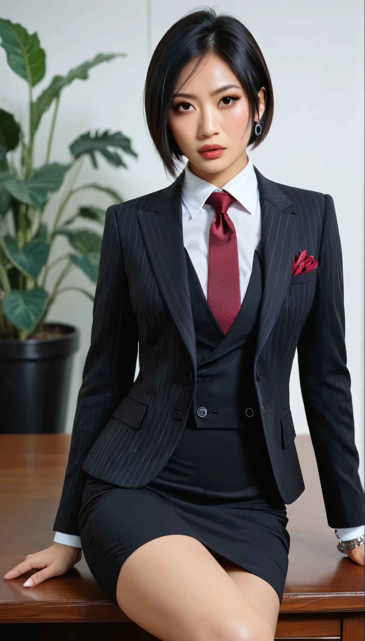 score_9, score_8_up, score_7_up, source_anime, hi res, masterpiece, best quality, highres, Ada Wong, asian, black hair, short hair, three-piece suit, 1girl, jewelry, formal, earrings, suit, lips, looking at viewer, buttons, plant, striped, shirt with white collar, red necktie, jacket, pinstripe pattern, sitting on desk, high heels, skirt, pocket square, pocket chain watch, tie clip, suit accessories, silk shirt, silk tie, (((black tight leather skirt)))