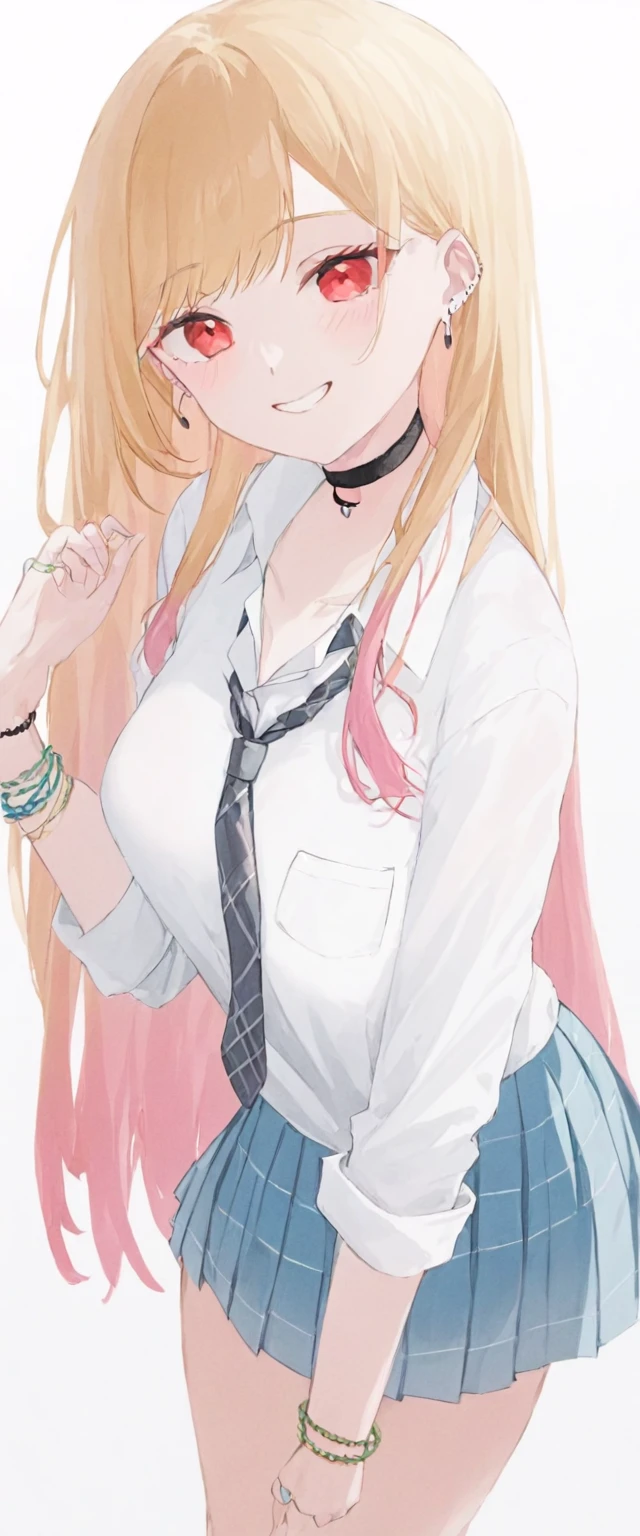 1girl ,solo, kitagawa_marin, long_hair,red_eyes, blonde_hair, necktie,shirt, skirt,school_uniform, choker,jewelry, white_shirt,tied_shirt, white_background, pleated_skirt, bangs,blue_skirt, black_choker, multicolored_hair, bracelet, collared_shirt, earrings, piercing, pink_hair, gradient_hair, plaid, necktie, medium breasts, smile