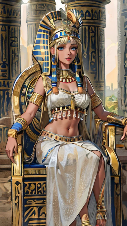 (High resolution, Best Quality, masterpiece, 8k), Ancient Egypt, Cleopatra style girl, Silver blonde middle, Pharaoh&#39;s clothing, Slight emphasis on the chest and cleavage, Face Real, sexy, face,  笑face,  Large Breasts, Ancient Egypt風の宮殿内, Luxurious throne, Lavish decoration, 