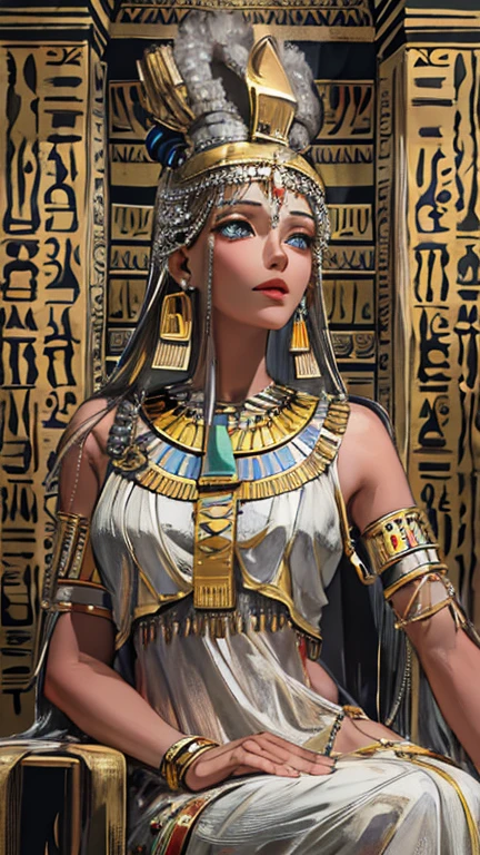 (High resolution, Best Quality, masterpiece, 8k), Ancient Egypt, Cleopatra style girl, Silver blonde middle, Pharaoh&#39;s clothing, Slight emphasis on the chest and cleavage, Face Real, sexy, face,  笑face,  Large Breasts, Ancient Egypt風の宮殿内, Luxurious throne, Lavish decoration, 