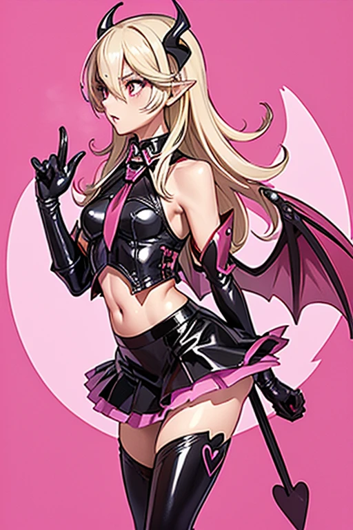 pink skirt, demon wings on back, thighhigh boots with high heels, pink wings, latex bodysuit, pink leather and latex, sexy evil demon, female corrin with wings, pink and latex sailor school uniform, wild, evil, villain, bad girl, fantasy background, slim body, only tight skimpy clothes, whore, slut, black, pink-skirt, elbow gloves, short sleeves, bat wings, blonde bitch, devil tail, devil wings, small girl, standing in a seductive way, full latex leggings, midriff, full body, beautiful, sexy girl, scary castle, thief, heart symbol, pink eyes