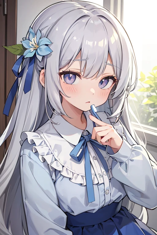 Gray hair、Very long hair, light blue left eye、Her right eye is grey, her eyes are droopy, she has a flower-shaped pupil, she wears a loose-fitting blouse and a light blue sweater over it, she has a light blue skirt and a grey ribbon on her collar, she is cute and docile.