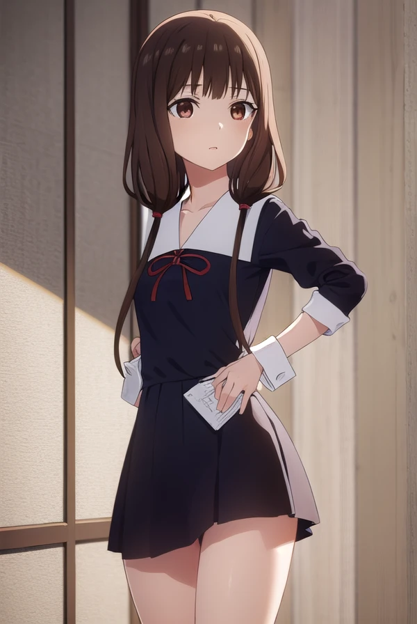 mikoiino, miko iino, blunt bangs, (brown eyes:1.5), brown hair, hair tie, long hair, low twintails, red ribbon, ribbon, twintails,
BREAK (long sleeves:1.2), dress, ribbon, school uniform, collarbone, (black dress:1.2), sailor collar, white sailor collar, red ribbon, neck ribbon, shuuchiin academy school uniform, armband,
BREAK indoors, classroom,
BREAK looking at viewer, (cowboy shot:1.5),
BREAK (masterpiece:1.2), best quality, high resolution, unity 8k wallpaper, (illustration:0.8), (beautiful detailed eyes:1.6), extremely detailed face, perfect lighting, extremely detailed CG, (perfect hands, perfect anatomy),