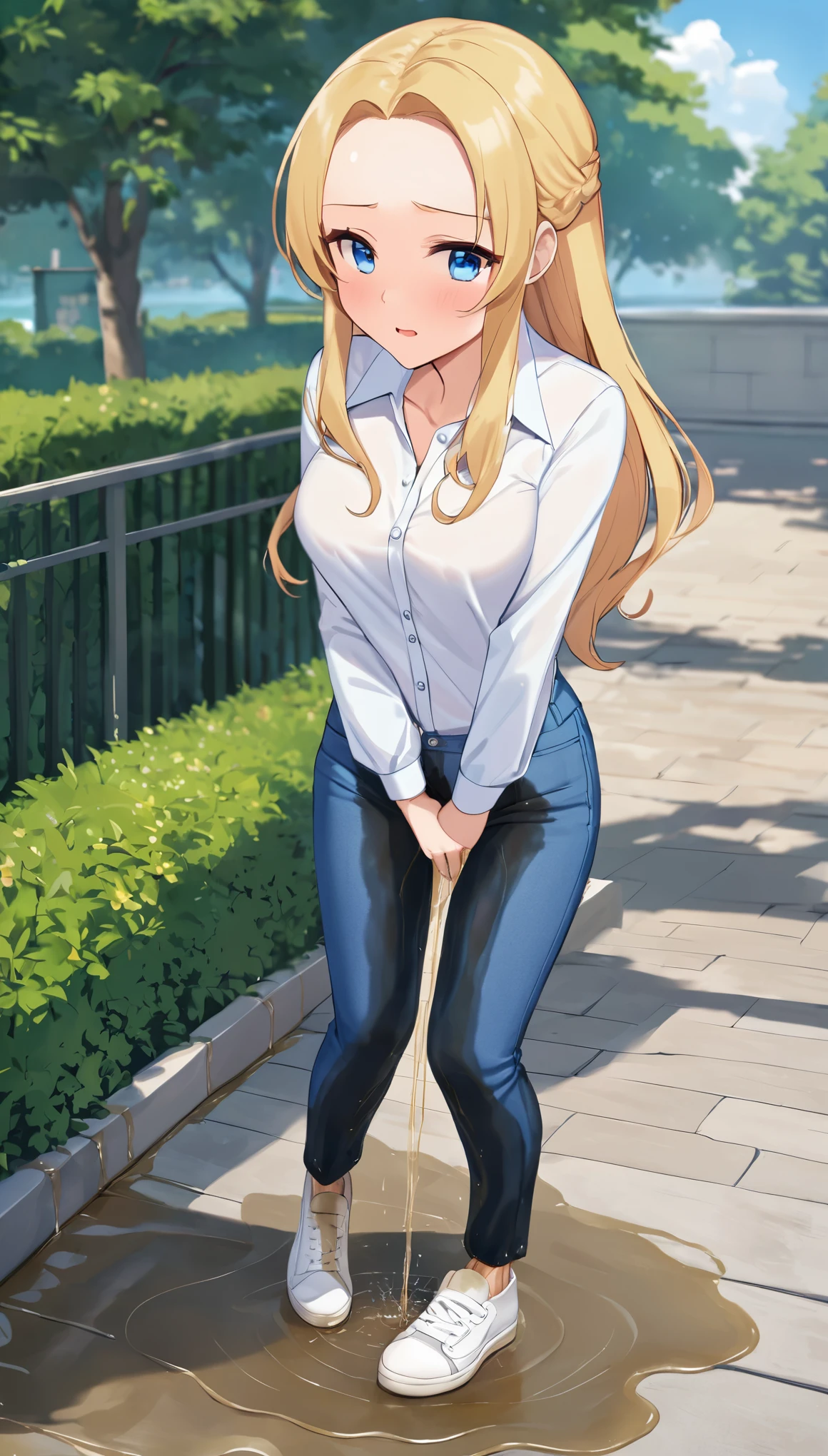A young woman with dazzling blue eyes and lovely long blonde straight hair with slender figure:1.1 and medium breast is standing and (wetting herself:2.0) making her pants soaking wet. Her facial is embarrassed and worried. She is wearing a (blue skinny jeans:1.5) and (white button-shirt:1.2) and white sneakers. Outdoor setting in daytime. (Best quality. Masterpiece:1.3. 8K. Detailed). Highly detailed face and skin texture. Detailed eyes. (Solo focus. Full body picture:1.5). Front view. Forehead. Long sleeves.