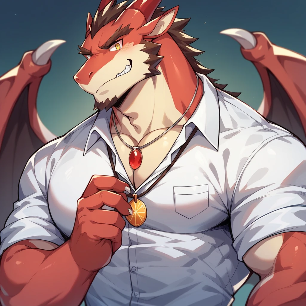male, Red Dragon, hairy, Smile,, neutral, White loincloth,Dynamic Lighting, illustration, beautiful, particle (high quality,4K,8K,high resolution,masterpiece:1.2), Extremely detailed, Impressionism:rich and colorful,