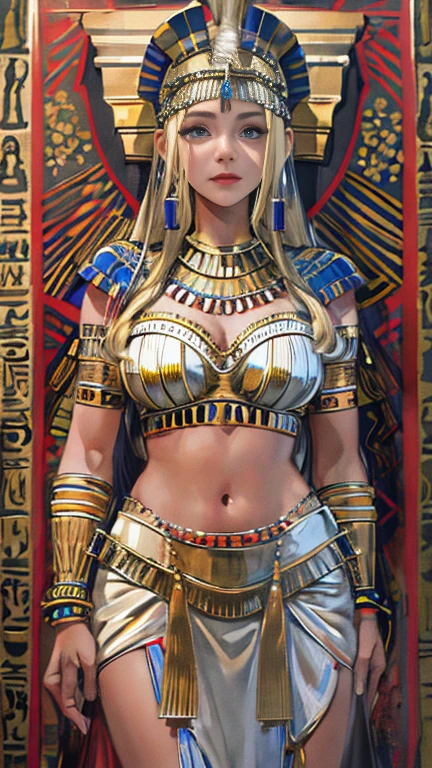 (High resolution, Best Quality, masterpiece, 8k), Ancient Egypt, Cleopatra style girl, Silver blonde middle, Pharaoh&#39;s clothing, Slight emphasis on the chest and cleavage, Face Real, sexy, face,  笑face,  Large Breasts, Ancient Egypt風の宮殿内, Luxurious throne, Lavish decoration, 