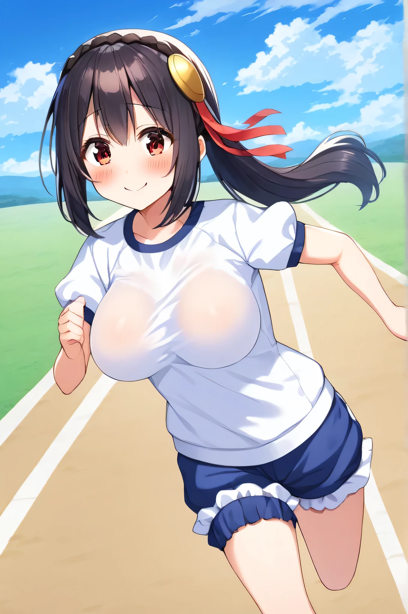 Nagino Sakura, brown eyes, brown hair, hair band, medium length hair, empty eyes , , large breasts, solo, nsfw, nipple, ride a bicycle 山