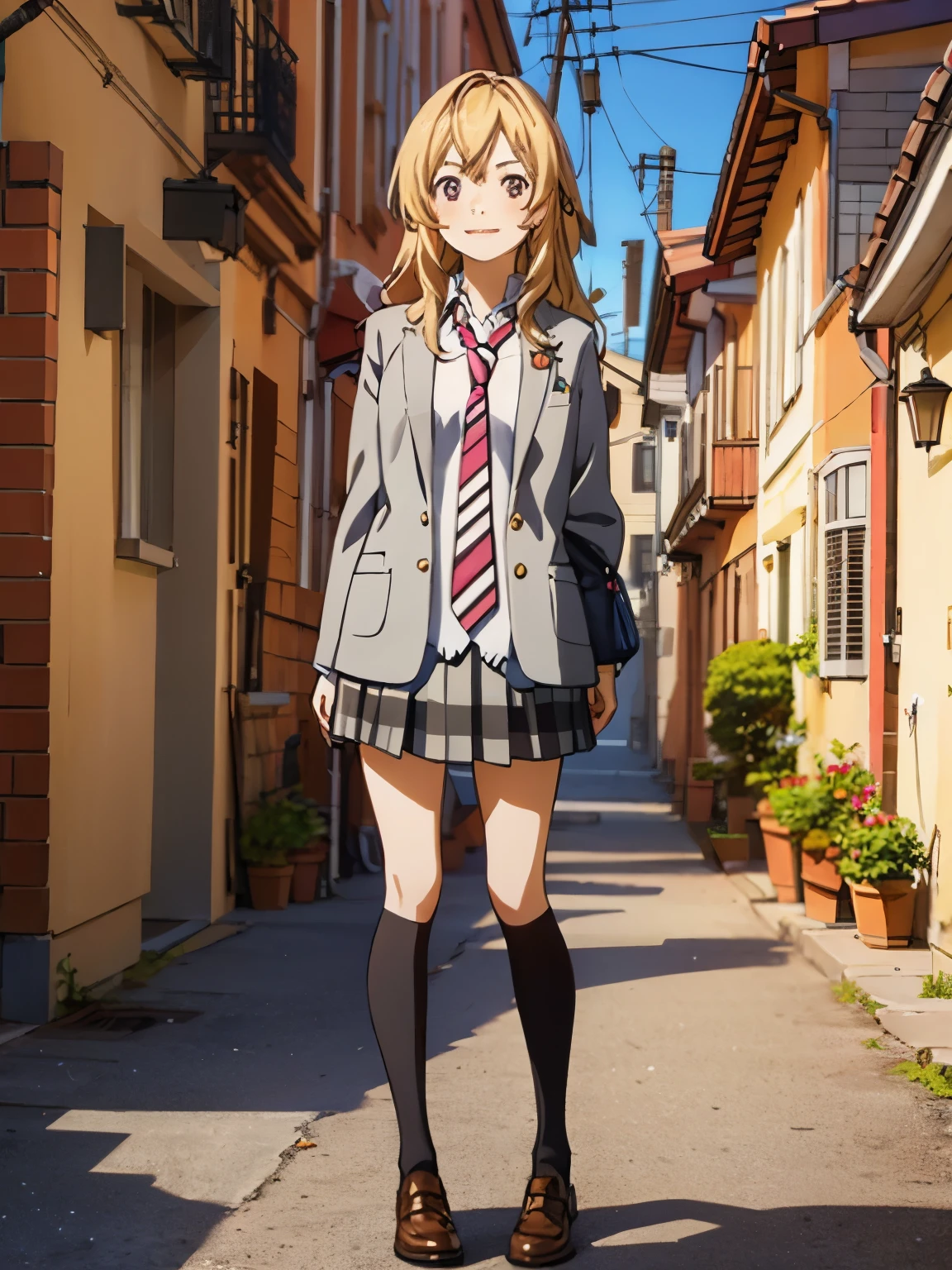 1girl, masterpiece, anime, 2d anime style, kaori miyazono, girl, wavy hair, yellow blonde, pink hairpin above ears, pale indigo eyes, smiling face, blue dyes shirt, grey skirt, red, white and black striped necktie, grey embroidered blazer, black knee-high socks, brown dress shoes, hand behind back, the parallel stance leg pose, standing middle of photo