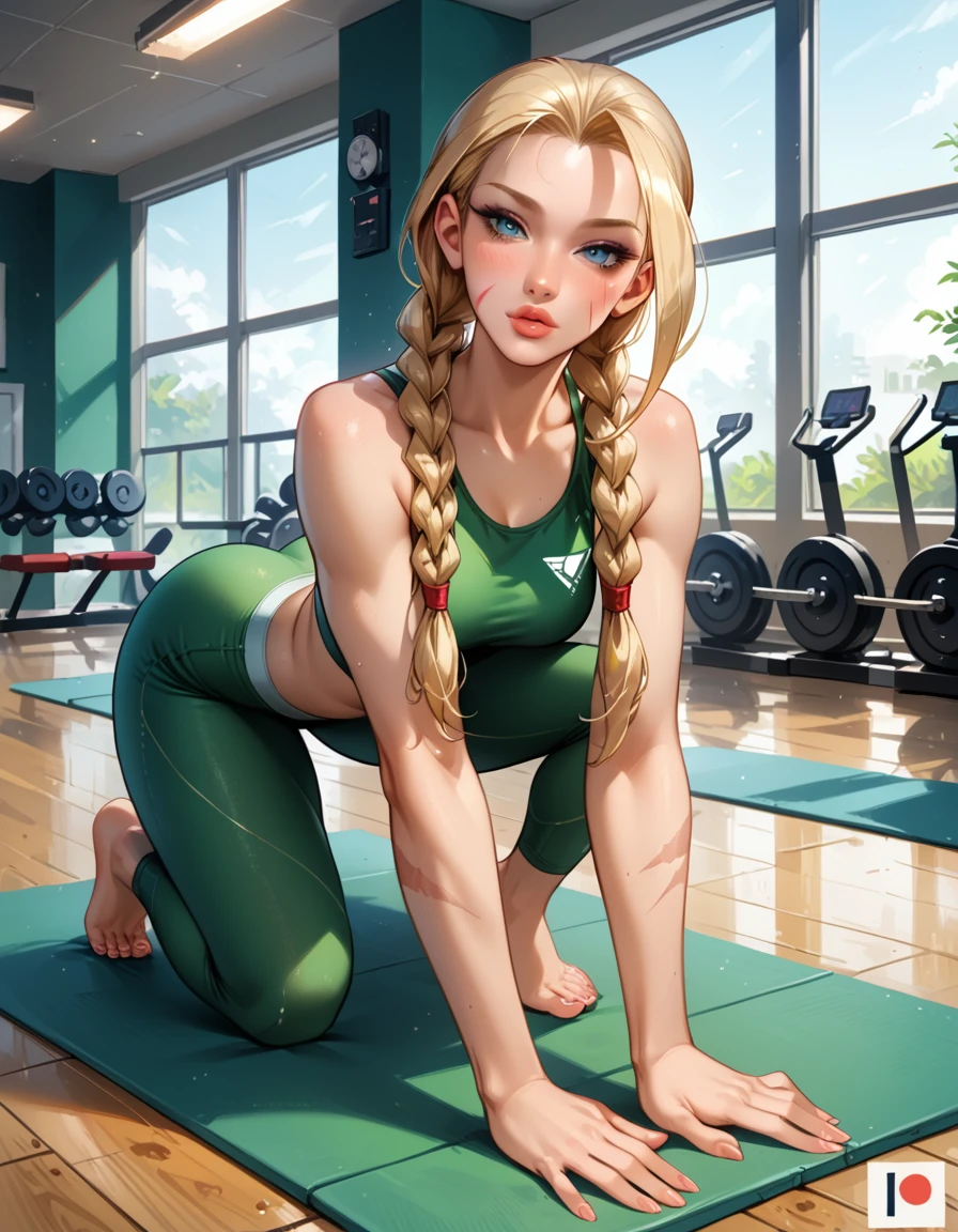 score_9, score_8_up, score_7_up, rating_questionable, epiCPhoto, 1girl, very sexy (cammySDXL, blonde hair, long hair, twin braids, scar on face, barefoot:1.1), beautiful waifu, yogapants, dark green yoga pants, in gym, on yoga mat, long legs, thicc, solo, cute, flirt, gaze, sexy look, half-closed eyes, head tilt, filled lips, thick lips, makeup, modelling shoot, sexy pose.