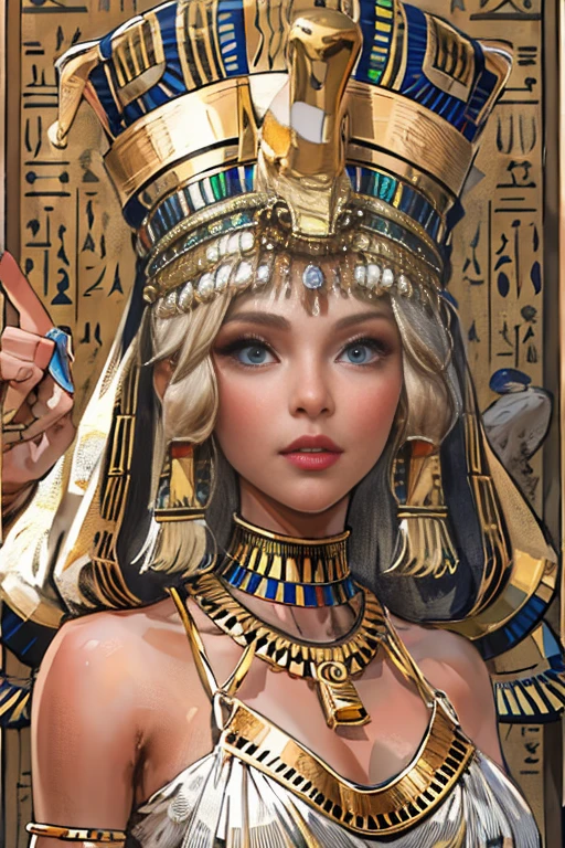 (High resolution, Best Quality, masterpiece, 8k), Ancient Egypt, Cleopatra style girl, Silver blonde middle, Pharaoh&#39;s clothing, Slight emphasis on the chest and cleavage, Face Real, sexy, face,  笑face,  Large Breasts, Ancient Egypt風の宮殿内, Luxurious throne, Lavish decoration, 