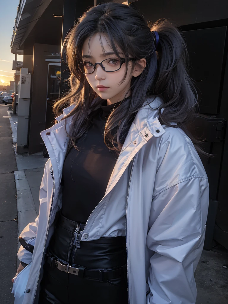 Masterpiece, Best picture quality, Extreme vividness, Anime girl with curly tail, small 체형, White functional coat, small, Blue-Purple Gradient Ski Goggles, Cyberpunk, gray hair, Natural casual style, dynamic posture, Golden Section, Portrait taken with a large aperture, Cool tone, Strong visual impact, blank, Contrast of light and shadow, Super Textures, Sunset afterglow, Very clear screen, A simple picture,5,Black hair, A fascinating face