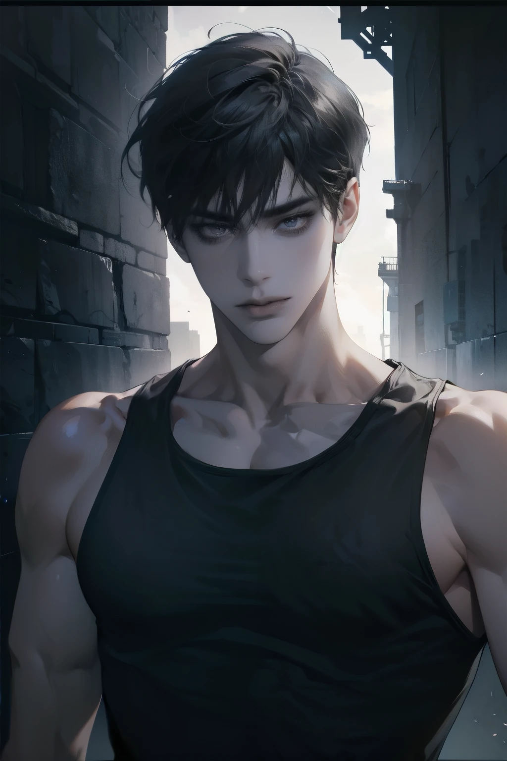 ((1 arms dealer man)), ((wearing black tank top)), ((gray eyes)), ((black hair)), ((toned body and large muscular frame)), hyperrealistic, 8k, detailed facial features, cinematic lighting, dramatic shadows, moody photography, moody atmosphere, dark and gritty, dramatic lighting, rich color palette, chiaroscuro, intricate details, award winning photography, ((dynamic angle)), ((dynamic pose)), ((detailed eyes)), ((short hair))