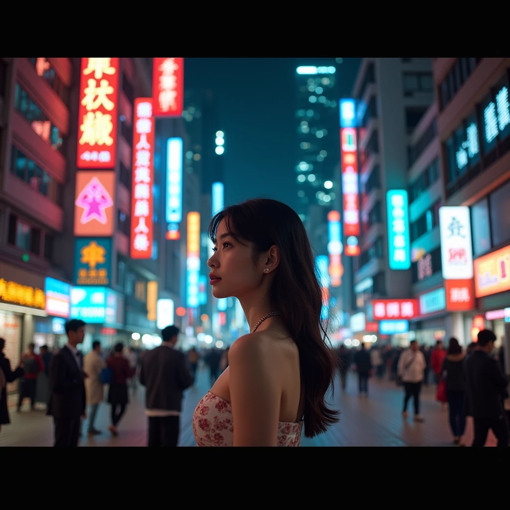 masterpieces, real photo, one girl in night, hong kong, street